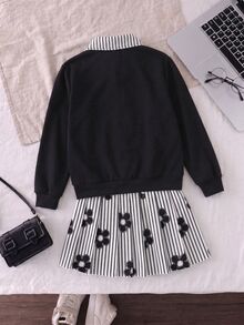 SHEIN Elladie kids 青少年女孩運動衫套裝，黑白配色，連帽衫 + 慢跑褲 2 件組，秋季，80年代風，圓領，字母印花，抓絨校園校外穿搭可愛 - 黑色 - 查看 2