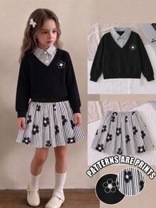 SHEIN Elladie kids 青少年女孩運動衫套裝，黑白配色，連帽衫 + 慢跑褲 2 件組，秋季，80年代風，圓領，字母印花，抓絨校園校外穿搭可愛 - 黑色 - 查看 1