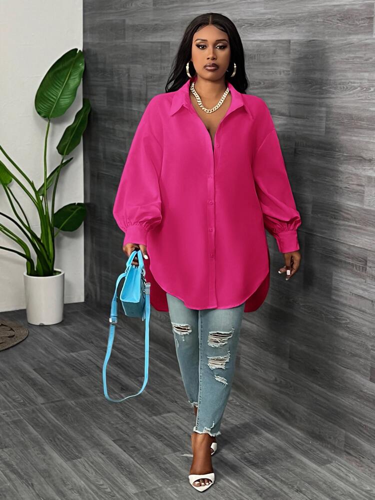 SHEIN CURVE+ Plus Size White Lantern Sleeve Shirt For Spring Fall - Hot Pink - View 3