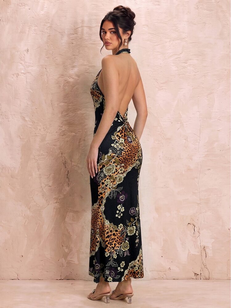 Glamine Black Leopard Floral Print Halter Neck Fishtail Dress Women Vintage Backless Party Homecoming Halloween Winter Formal New Year Eve Wedding Guest - Matte Black - View 6