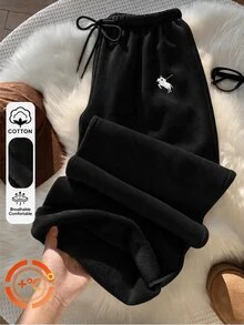 Comfortcana 冬季運動時尚日常戶外穿搭，灰色高腰抓絨直筒運動長褲 - 黑色 - 查看 1