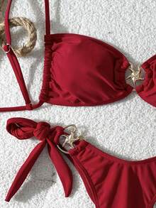 SHEIN Swim Women's Red Plain Boho Spaghetti Strap Tie Back Tie Side Bikini Set Stylish Swimwear - Red - View 5