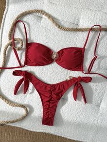 SHEIN Swim Women's Red Plain Boho Spaghetti Strap Tie Back Tie Side Bikini Set Stylish Swimwear - Red - View 2
