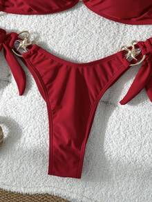 SHEIN Swim Women's Red Plain Boho Spaghetti Strap Tie Back Tie Side Bikini Set Stylish Swimwear - Red - View 6