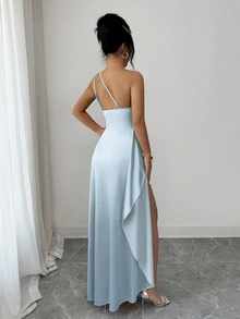 Elenzga 2026 Summer New Luxury Satin One Shoulder Ruched Waist High Slit Maxi Sexy Evening Dress For Women Party Gown - Baby Blue - View 2
