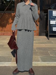 FRIFUL Setelan Kasual 2 Potong Wanita: Sweater Lengan Panjang Kerah Polo Warna Polos dengan Hem Berkerut dan Rok Rajut - Grey - View 6