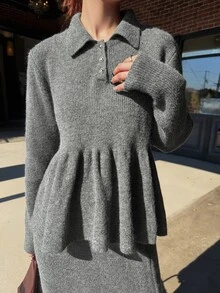 FRIFUL Setelan Kasual 2 Potong Wanita: Sweater Lengan Panjang Kerah Polo Warna Polos dengan Hem Berkerut dan Rok Rajut - Grey - View 8