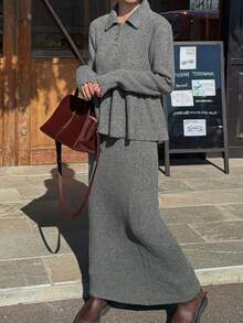 FRIFUL Setelan Kasual 2 Potong Wanita: Sweater Lengan Panjang Kerah Polo Warna Polos dengan Hem Berkerut dan Rok Rajut - Grey - View 4