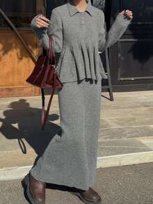 FRIFUL Setelan Kasual 2 Potong Wanita: Sweater Lengan Panjang Kerah Polo Warna Polos dengan Hem Berkerut dan Rok Rajut - Grey - View 5
