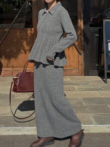 FRIFUL Setelan Kasual 2 Potong Wanita: Sweater Lengan Panjang Kerah Polo Warna Polos dengan Hem Berkerut dan Rok Rajut - Grey - View 7