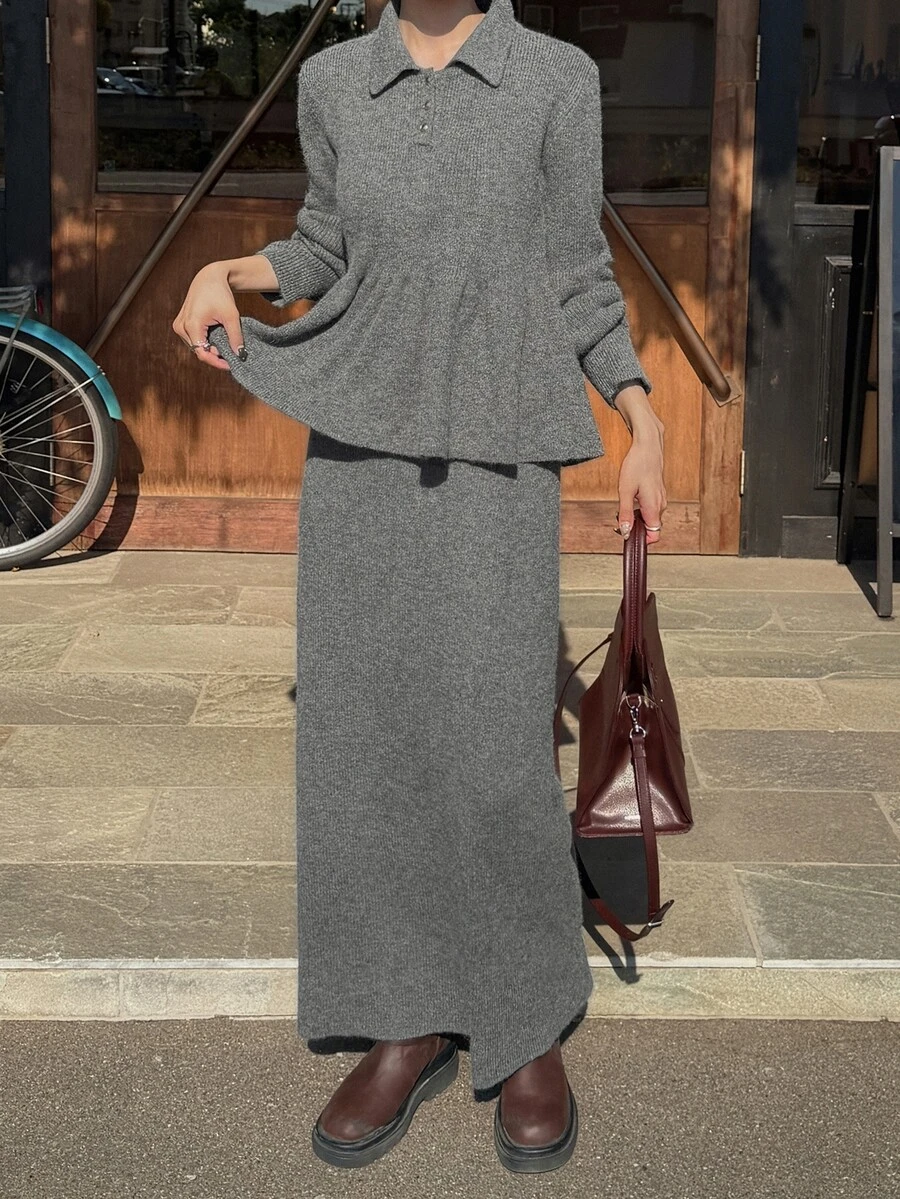 FRIFUL Setelan Kasual 2 Potong Wanita: Sweater Lengan Panjang Kerah Polo Warna Polos dengan Hem Berkerut dan Rok Rajut - Grey - View 1