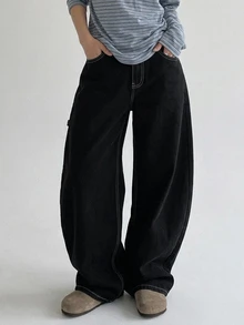 DAZY Women's Heart Pattern Pocket Wide Leg Loose Casual Denim Jeans Fall - Blue - View 7