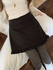 DAZY تنورة نسائية قصيرة بنقشة نقاط على شكل حرف A مع حافة مكشكشة، أسلوب كاجوال حلو - رمادي - مشاهدة 2