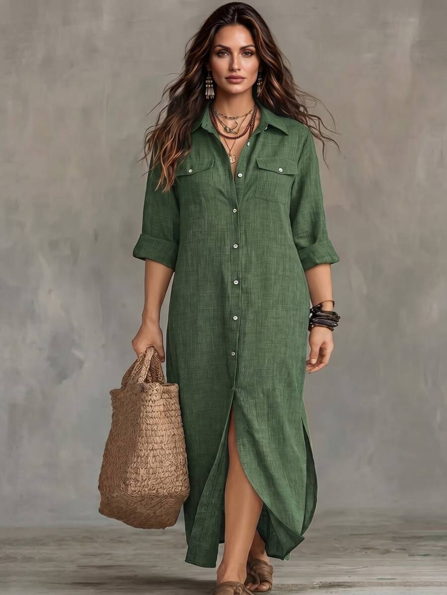 Linhara CURVE Plus Size Women's Solid Color Long Sleeve Shirt Dress Maxi Women Outfit Fall - Army Green - View 1