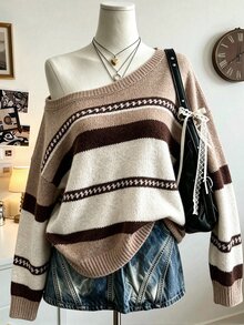 Collagica Collagica 女款復古浪漫條紋針織上衣，寬鬆圓領露肩長袖慵懶毛衣，適合日常外出 - 彩色 - 查看 1