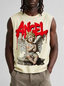 Manfinity Roghcode Men's Black And Yellow Gothic Angel Sculpture Print Tank Top,Rivet Decoration Sleeveless T-Shirt,Summer Street Wear,Country Music Festival Concert - Multicolor - View 2