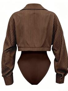 INAWLY Casual Women's Long Sleeve Shirt 2 In 1 Bodysuit - Coffee Brown - View 2