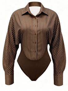 INAWLY Casual Women's Long Sleeve Shirt 2 In 1 Bodysuit - Coffee Brown - View 3