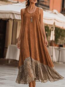 Linhara CURVE Plus Size Women Spring/Summer Sleeveless Fashion: Casual Boho, Minimalist And Versatile Vintage Brown Patchwork Leopard Print Random Pattern Dress - Multicolor - View 5