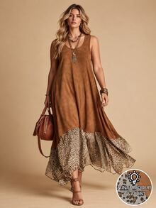 Linhara CURVE Plus Size Women Spring/Summer Sleeveless Fashion: Casual Boho, Minimalist And Versatile Vintage Brown Patchwork Leopard Print Random Pattern Dress - Multicolor - View 1