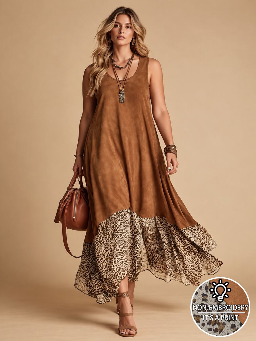 Linhara CURVE Plus Size Women Spring/Summer Sleeveless Fashion: Casual Boho, Minimalist And Versatile Vintage Brown Patchwork Leopard Print Random Pattern Dress - Multicolor - View 1