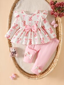 SHEIN 新生兒春秋棕色溫柔風愛心印花黑色蝴蝶結裝飾針織泡泡袖套頭上衣與黑色蝴蝶結裝飾修身長褲2件套，適合外出、休閒、運動、聖誕派對 - 粉色 - 查看 4