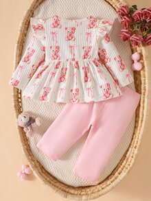 SHEIN 新生兒春秋棕色溫柔風愛心印花黑色蝴蝶結裝飾針織泡泡袖套頭上衣與黑色蝴蝶結裝飾修身長褲2件套，適合外出、休閒、運動、聖誕派對 - 粉色 - 查看 2