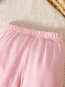 SHEIN 新生兒春秋棕色溫柔風愛心印花黑色蝴蝶結裝飾針織泡泡袖套頭上衣與黑色蝴蝶結裝飾修身長褲2件套，適合外出、休閒、運動、聖誕派對 - 粉色 - 查看 3