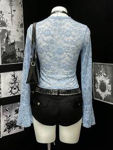 EgrlEra Women's Sexy Contrast Lace V-Neck Lace Trim Top - Blue - View 2