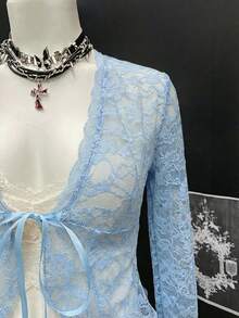EgrlEra Women's Sexy Contrast Lace V-Neck Lace Trim Top - Blue - View 4