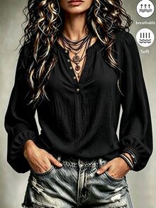 LUMIGAL Women's V-Neck Brown Long Sleeve Loose Fit Blouse - Black - View 1