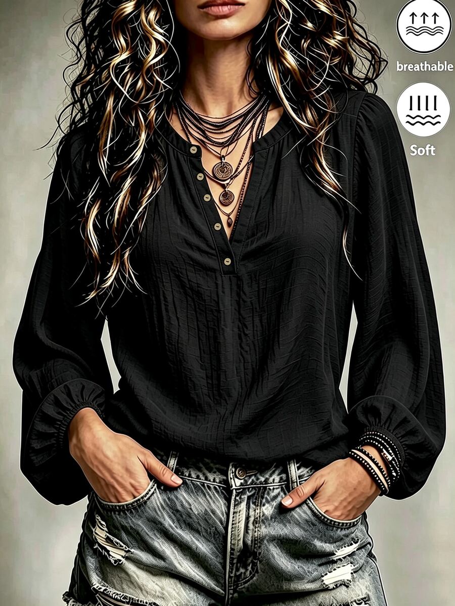 LUMIGAL Women's V-Neck Brown Long Sleeve Loose Fit Blouse - Black - View 1