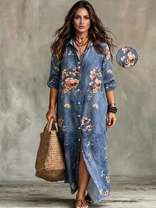Linhara CURVE Plus Size Woven Printed Autumn Women's Dress For Vacation Vacation Navy Blue Boho 90s Fall Vacation - Blue - View 3