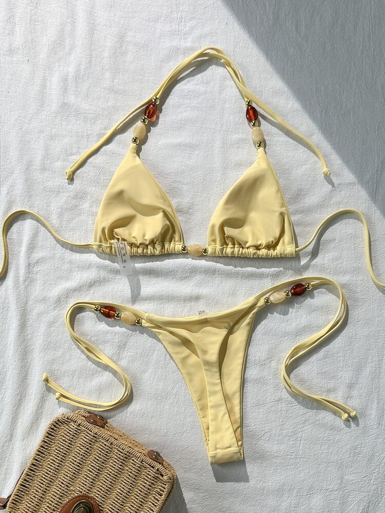 SHEIN Swim Women's Solid Color Halter Neck Metal Decor Sexy Bikini Set, Spring/Summer - Yellow - View 4