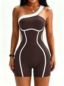 SHEIN Sports Spring/Summer Women's Athletic Jumpsuit, Black Tight-Fitting Sexy One-Shoulder Colorblock Design With Front Colorblock Line Detail And Back Cutout, Suitable For Casual Wear, Running, Yoga, Gym, Tennis, Golf - Brown - View 4