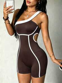SHEIN Sports Spring/Summer Women's Athletic Jumpsuit, Black Tight-Fitting Sexy One-Shoulder Colorblock Design With Front Colorblock Line Detail And Back Cutout, Suitable For Casual Wear, Running, Yoga, Gym, Tennis, Golf - Brown - View 3