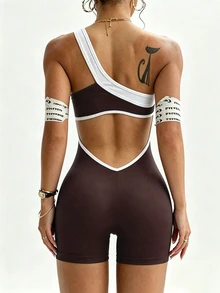 SHEIN Sports Spring/Summer Women's Athletic Jumpsuit, Black Tight-Fitting Sexy One-Shoulder Colorblock Design With Front Colorblock Line Detail And Back Cutout, Suitable For Casual Wear, Running, Yoga, Gym, Tennis, Golf - Brown - View 5