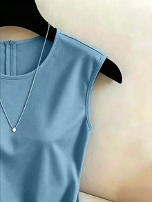 SHEIN Franclia 女款圓領蕾絲拼接休閒百搭日常襯衫 - 藍色 - 查看 3