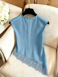 SHEIN Franclia 女款圓領蕾絲拼接休閒百搭日常襯衫 - 藍色 - 查看 2