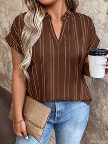 Linhara CURVE Plus Size Woven Printed Summer Women's Blouse, Suitable For Vacation - Coffee Brown - View 5