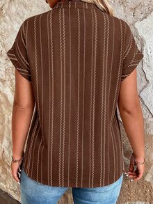 Linhara CURVE Plus Size Woven Printed Summer Women's Blouse, Suitable For Vacation - Coffee Brown - View 2