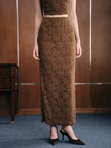 Anewsta Maillard Coffee Hollow Lace Bodycon Skirt For Women, High Waist Elastic Retro Lace Hem Straight Skirt - Brown - View 7
