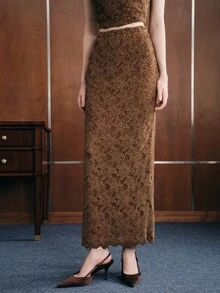 Anewsta Maillard Coffee Hollow Lace Bodycon Skirt For Women, High Waist Elastic Retro Lace Hem Straight Skirt - Brown - View 4