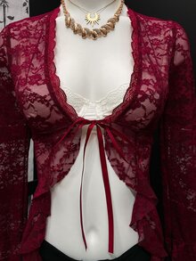 EgrlEra 女款性感對比色蕾絲V領蕾絲飾邊上衣 - 酒紅色 - 查看 6