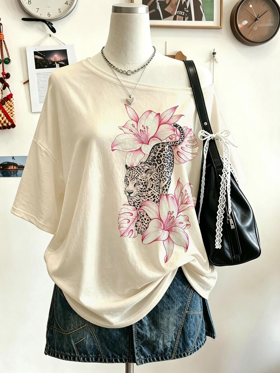 Collagica Collagica 女款 Y2K 街頭風豹紋動物花卉印花單肩休閒上衣，不對稱領短袖 T 恤，夏季日常穿著，派對日常 - 杏色 - 查看 1
