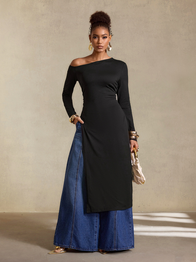 BamGlimmer Autumn/Winter Oversized Elegant Asymmetrical Shoulder Long Sleeve Cinched Waist Slim Fit Long T-Shirt For Women Fashion Casual Style Daily Wear Black