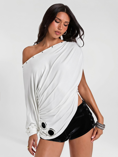 Autumn/Winter Y2K Soft Sexy Avant-Garde Draped Cut Asymmetrical Neck Asymmetrical Long Sleeve T-Shirt