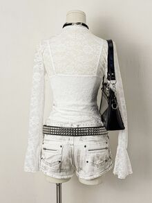 EgrlEra Women's Sexy Contrast Lace V-Neck Lace Trim Top - White - View 2
