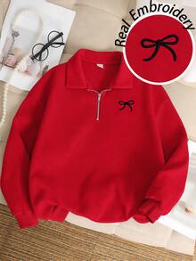 SHEIN 女童休閒基礎款半拉鍊高領精緻蝴蝶結刺繡花卉灰色保暖內裡加厚套頭衛衣 秋冬款 - 紅色 - 查看 2