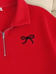 SHEIN 女童休閒基礎款半拉鍊高領精緻蝴蝶結刺繡花卉灰色保暖內裡加厚套頭衛衣 秋冬款 - 紅色 - 查看 6